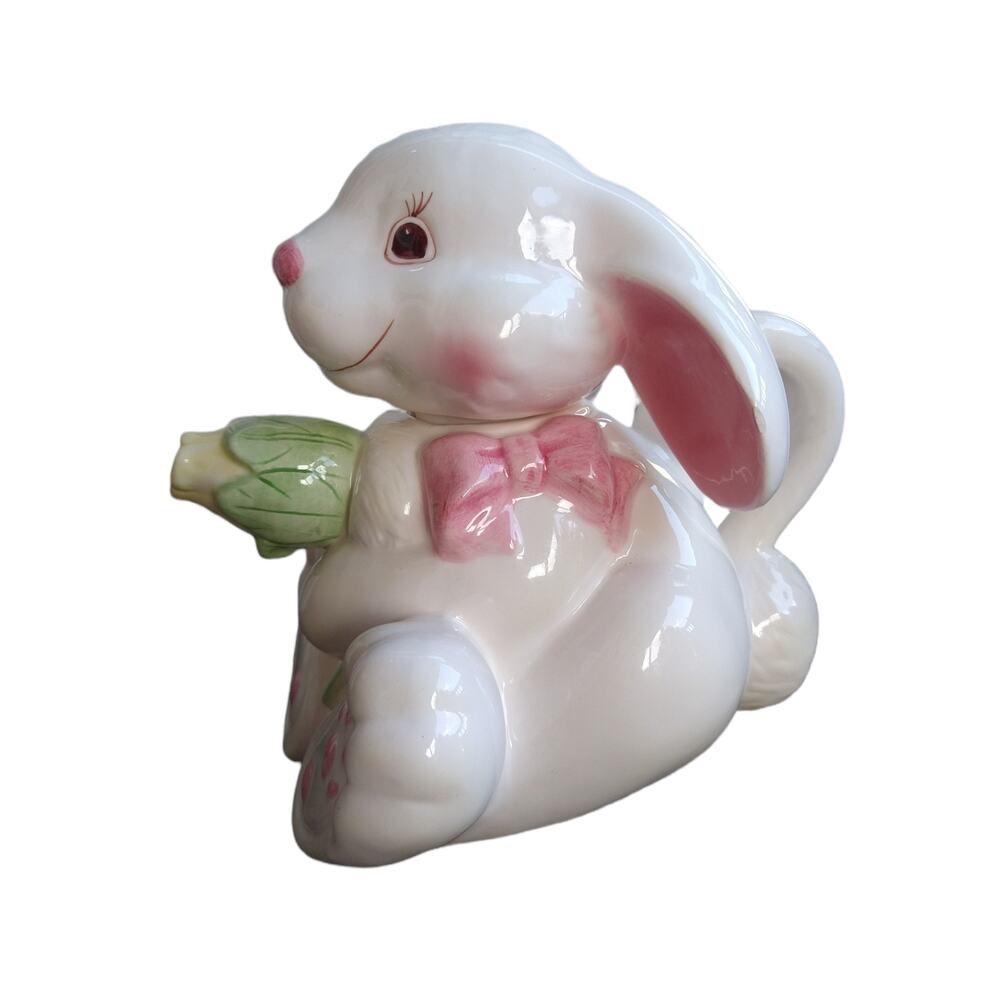 Rare White Bunny Rabbit Teapot with Pink Bow & Flower Spout